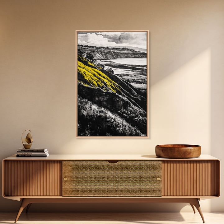 Cliffs, Ocean View, Framed Canvas Print, Coastal Landscape, Beach House Decor, Nature Wall Art, Black White Yellow Art, Scenic View