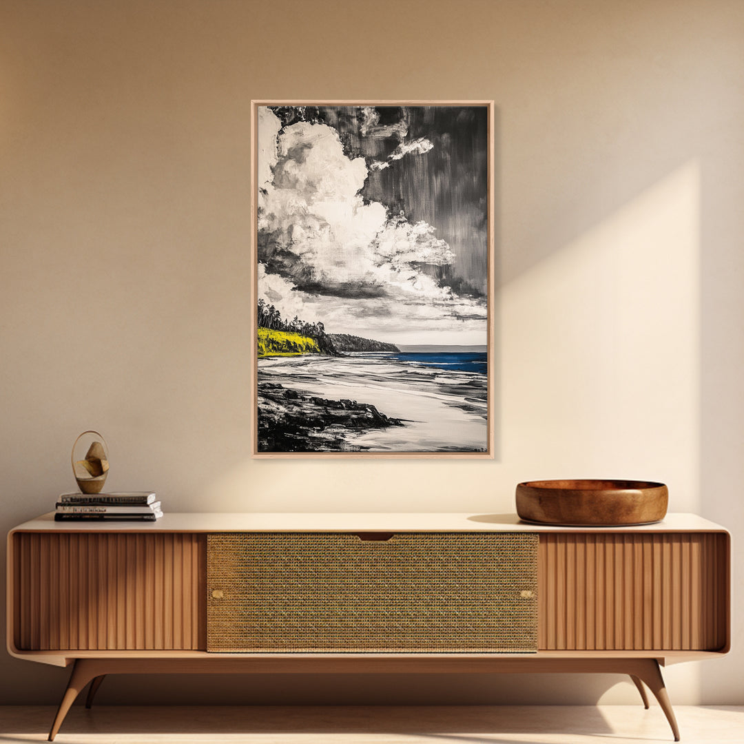 Cliffside View, Ocean Horizon, Cloudy Sky, Framed Canvas Print, Beach House Decor, Monochrome Wall Art, Relaxing Scenery