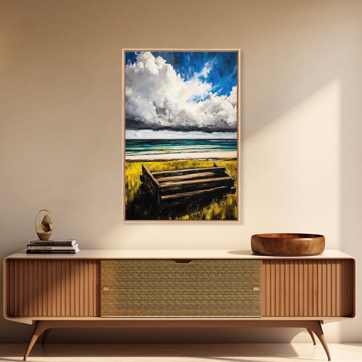 Ocean Bench, Coastal Landscape Art, Beach House Wall Decor, Relaxing Seaside Scene, Serene Water View, Framed Canvas Print