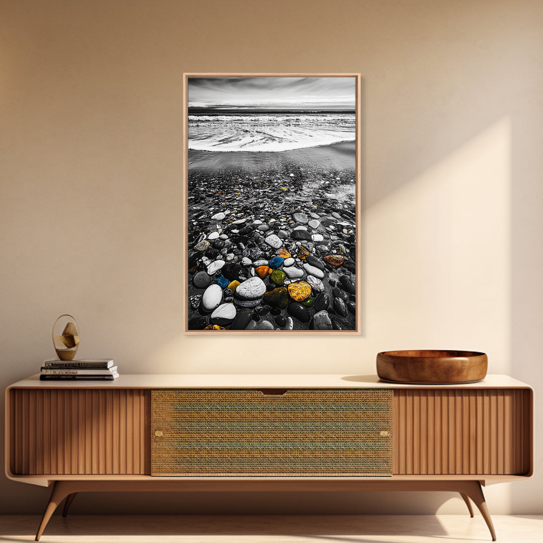 Ocean Pebbles Shoreline, coastal home decor, beach stone art, nautical wall print, calming wave painting, framed canvas print, bedroom art