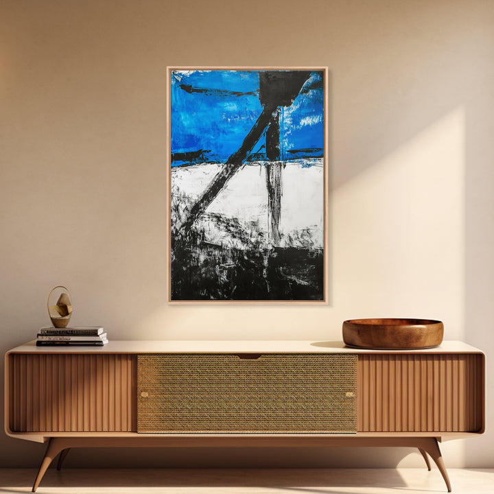 Abstract Blue Horizon, modern minimalist art, bold blue painting, industrial decor, expressive wall art, framed canvas print, office wall