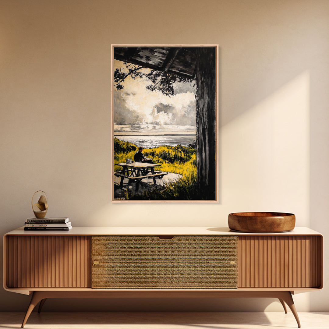 Ocean View Picnic, relaxing landscape painting, coastal art, peaceful nature scene, countryside decor, framed canvas print, living room