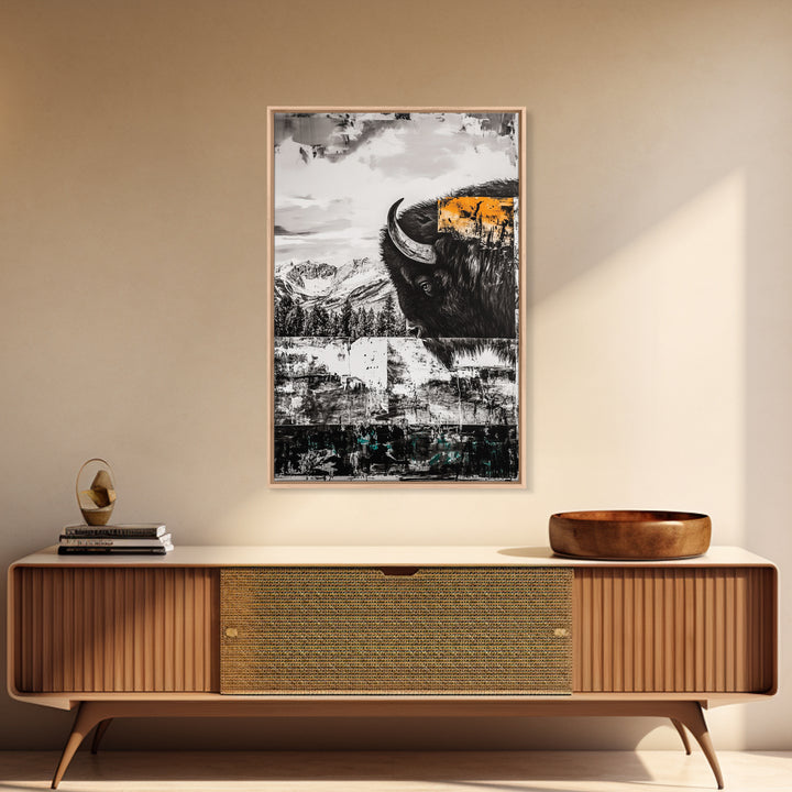 Buffalo Portrait, Western Art, Rustic Cabin Wall Decor, Wildlife Art, Black and White Animal Painting, Nature Scene, Canvas Print