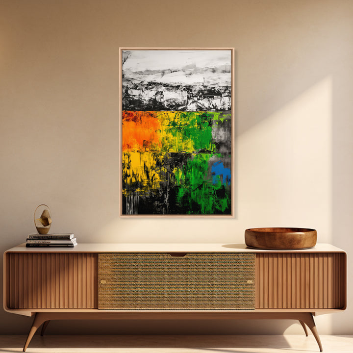 Bold Earthy Abstract, Green Yellow Orange, Framed Canvas Print, Rustic Wall Art, Living Room Decor, Textured Home Accent