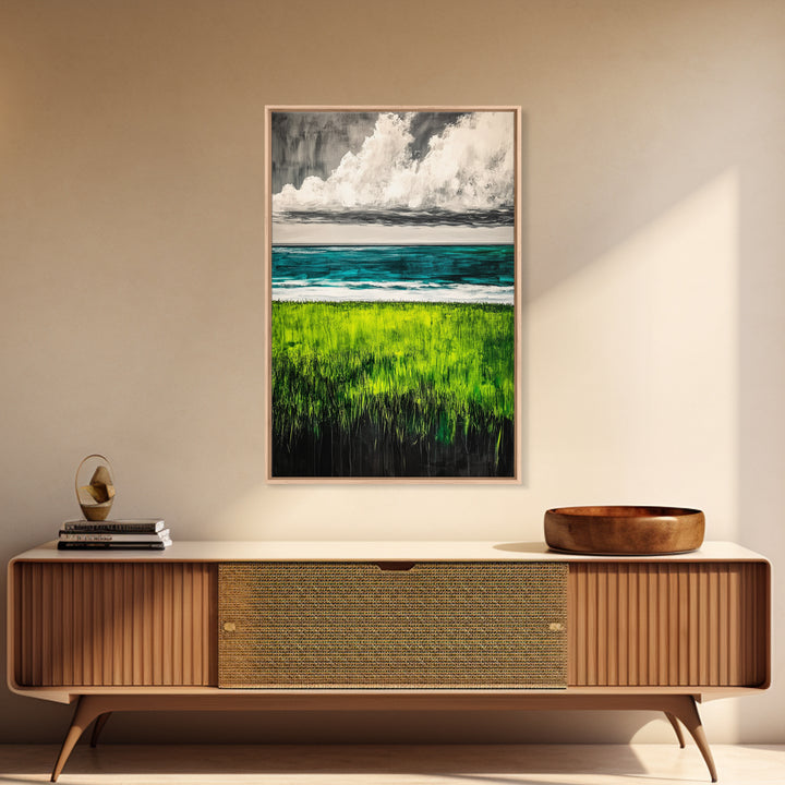 Coastal Landscape Art, Green Blue Ocean, Canvas Print, Serene Beach Wall Decor, Minimalist Nature Painting, Tranquil Home Accent