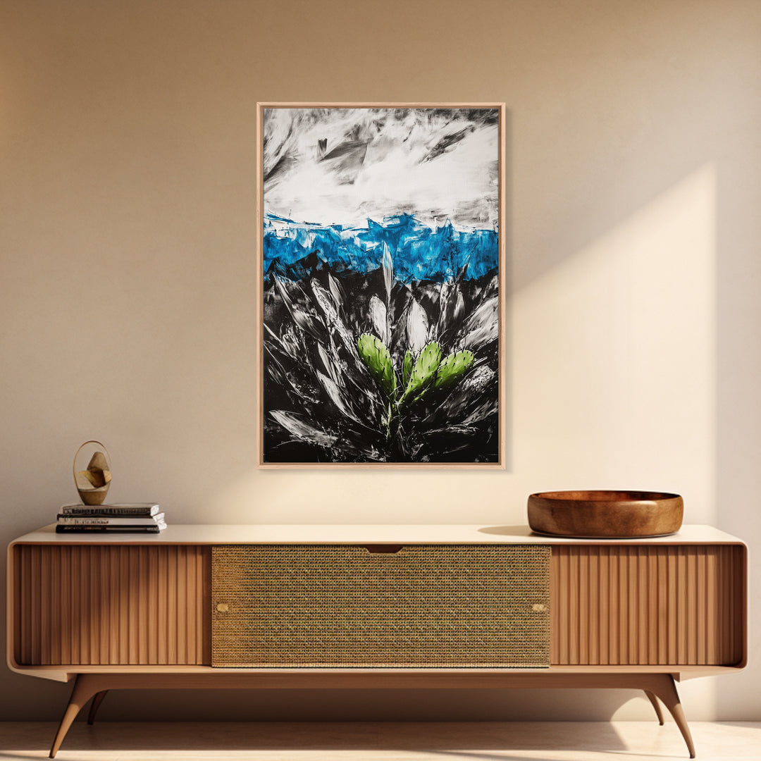 Desert Cactus Painting, Blue Sky Black White, Framed Canvas Print, Modern Southwest Art, Rustic Wall Decor, Minimalist Nature Art