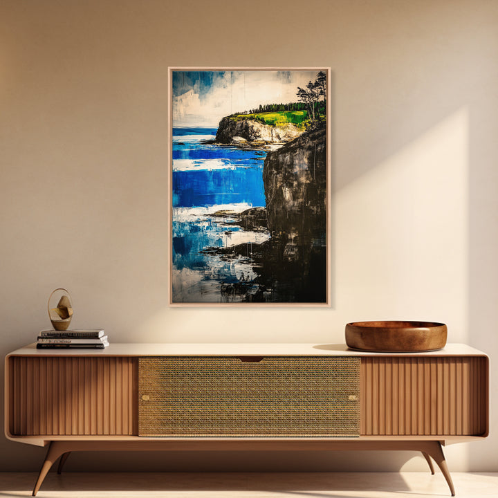 Coastal Cliff, Ocean Canvas Print, Nature Wall Art, Beach House Decor, Seascape Painting, Vibrant Blue Green Artwork, Office Art
