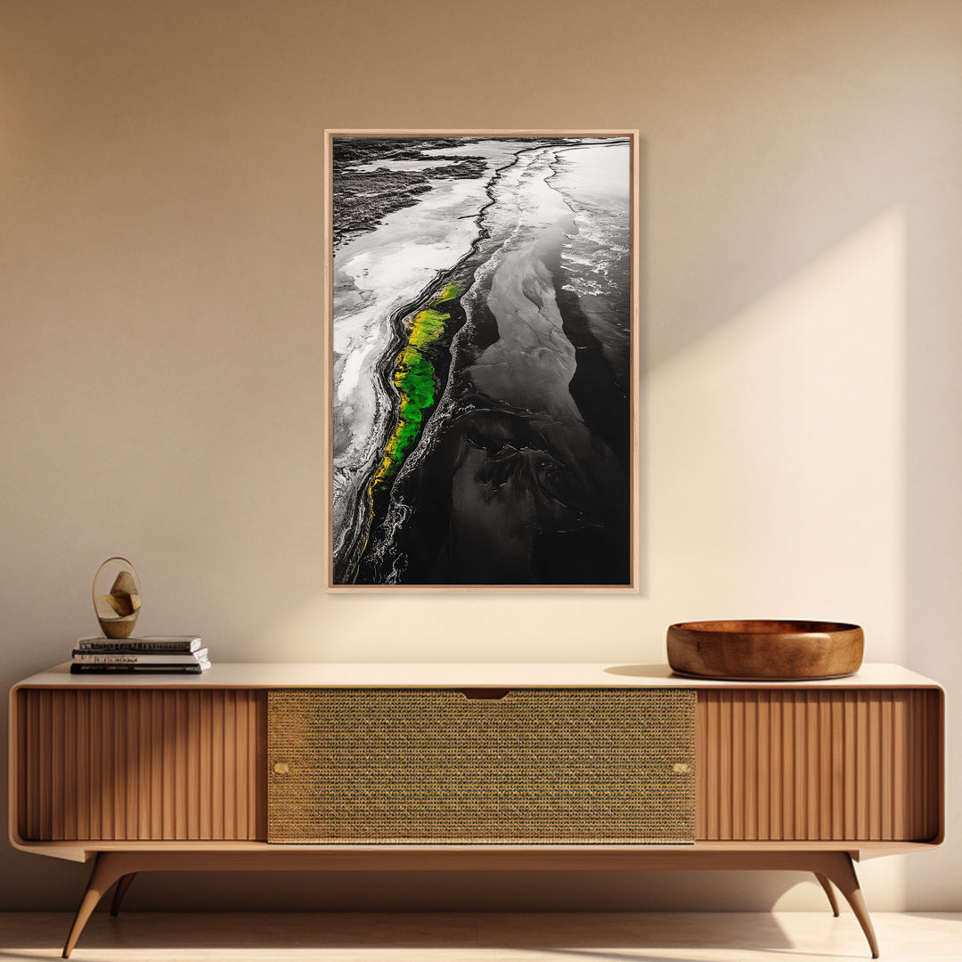 Abstract River, Nature Landscape, Modern Wall Art, Monochrome Print, Green Accents, Contemporary Art, Framed Canvas Print, Office Wall Decor