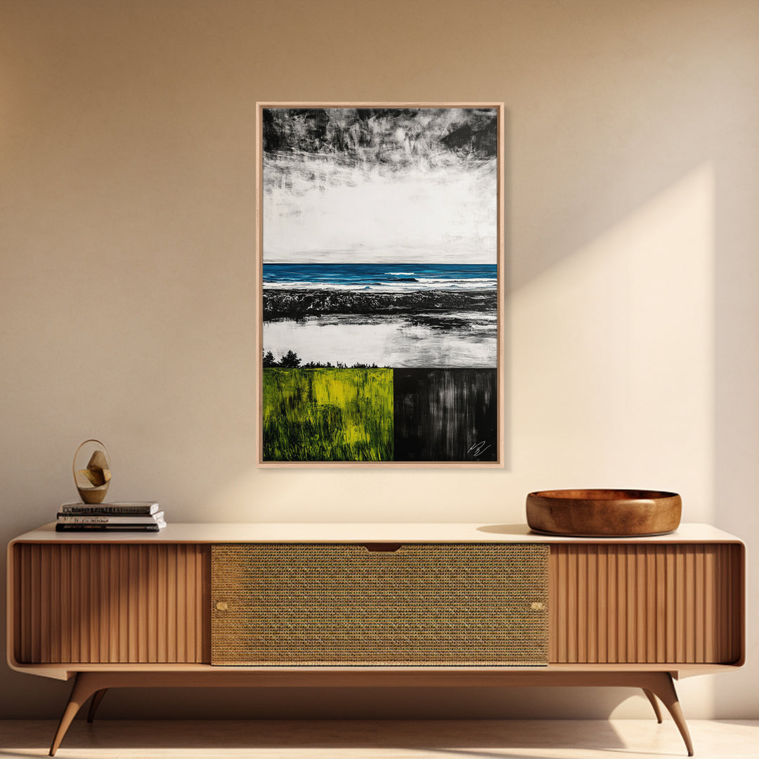 Ocean Horizon, Modern Seascape, Coastal Wall Art, Blue Waters, Black and White Art, Framed Canvas Print, Living Room Decor, Minimalist Art
