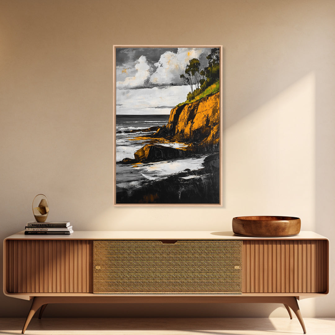 Ocean Cliffs, Coastal Landscape, Golden Tones, Black and White Seascape, Framed Canvas Print, Beach House Wall Art, Office Wall Decor