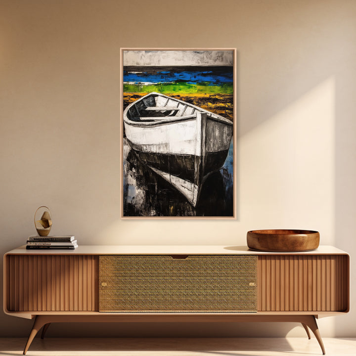 Coastal Rowboat, Black and White Boat Painting, Nautical Seascape Art, Rustic Beach House Decor, Framed Canvas Print, Bedroom Art