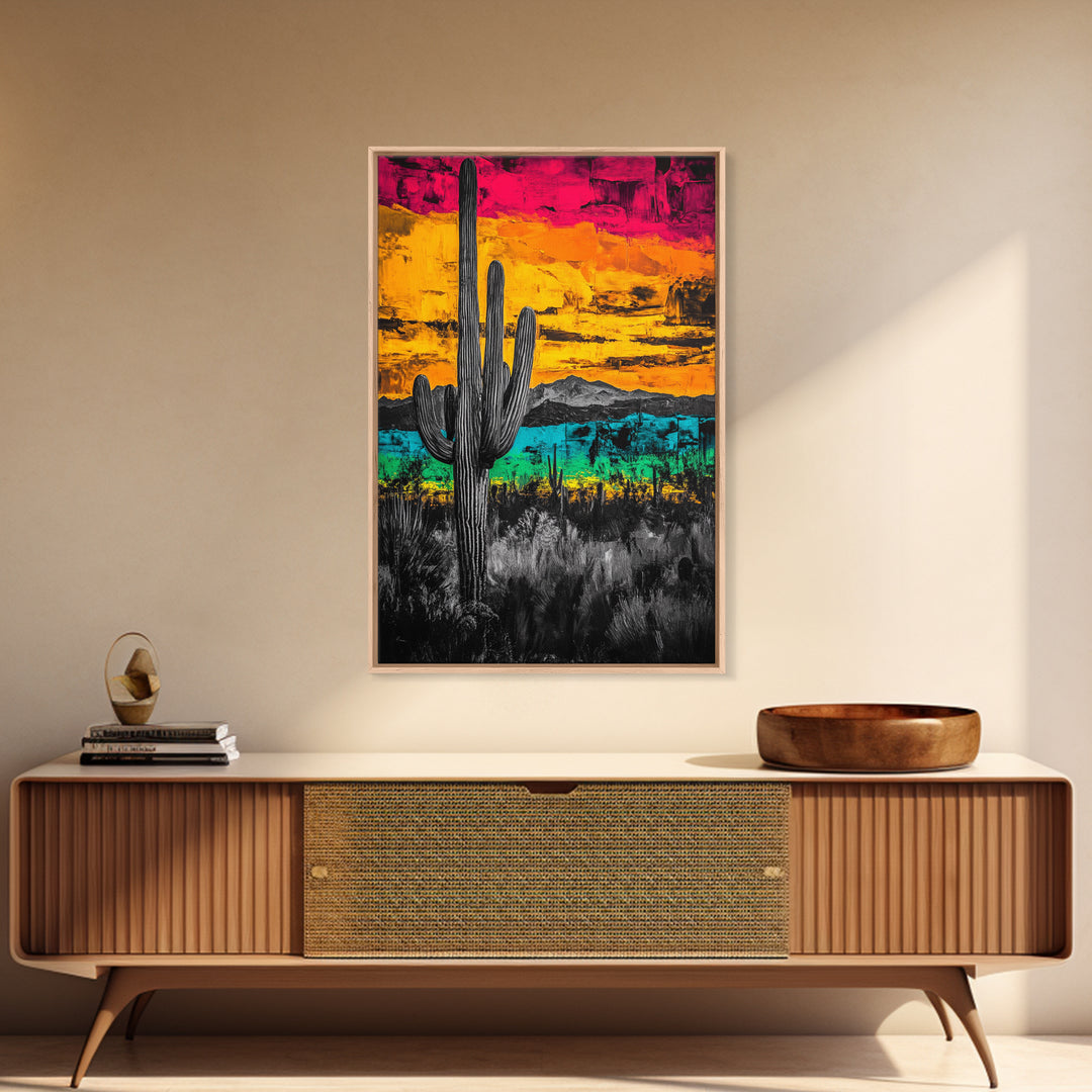 Desert Cactus, Vibrant Sunset Southwest Painting, Bold Desert Art, Framed Canvas Print, Western Home or Office Wall Decor