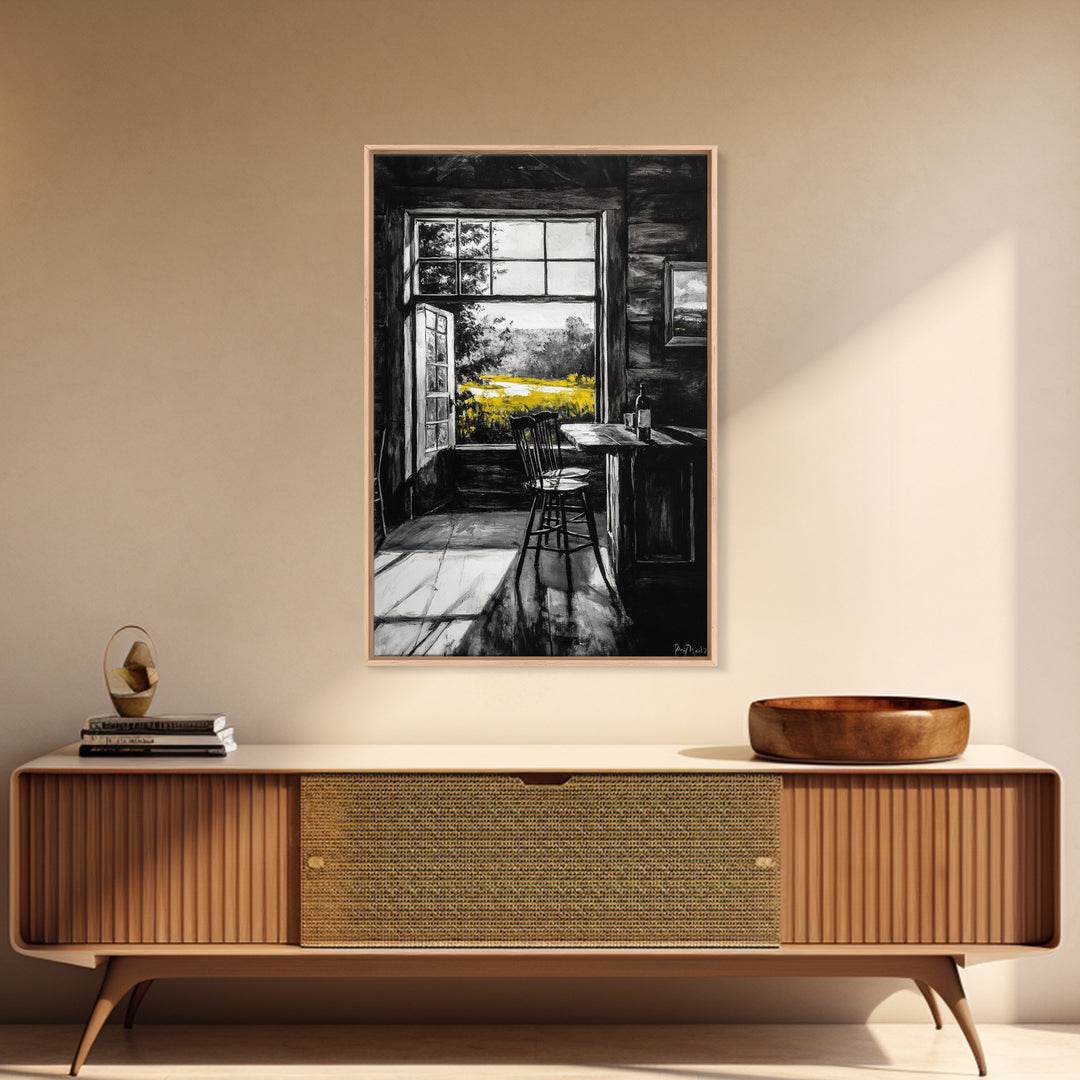 Rustic Cabin View, Black and White with Yellow Accents, Cozy Country Home Art, Framed Canvas Print, Living Room or Dining Room Decor