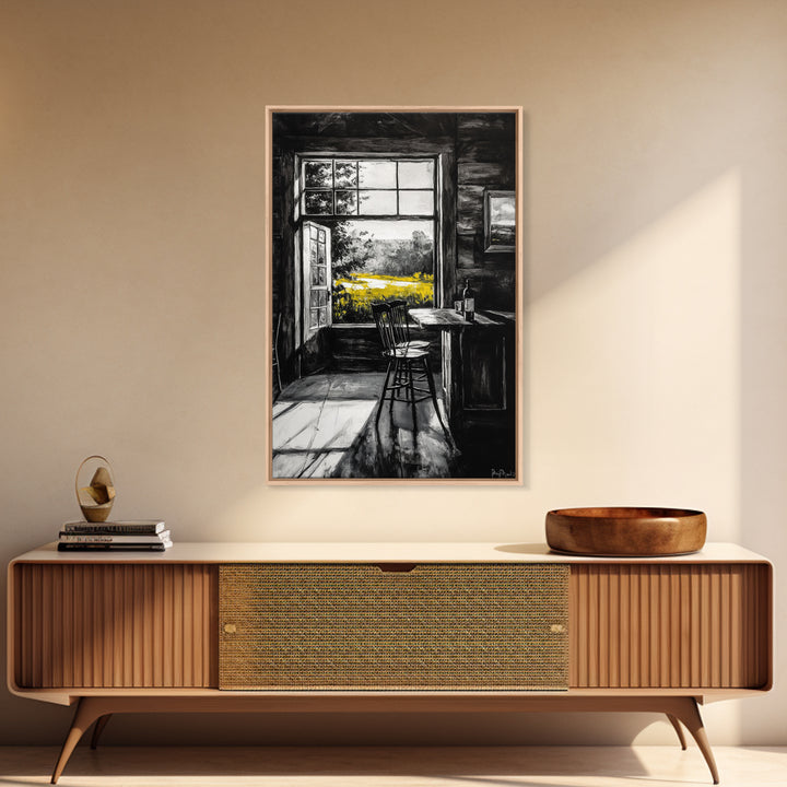 Rustic Cabin View, Black and White with Yellow Accents, Cozy Country Home Art, Framed Canvas Print, Living Room or Dining Room Decor