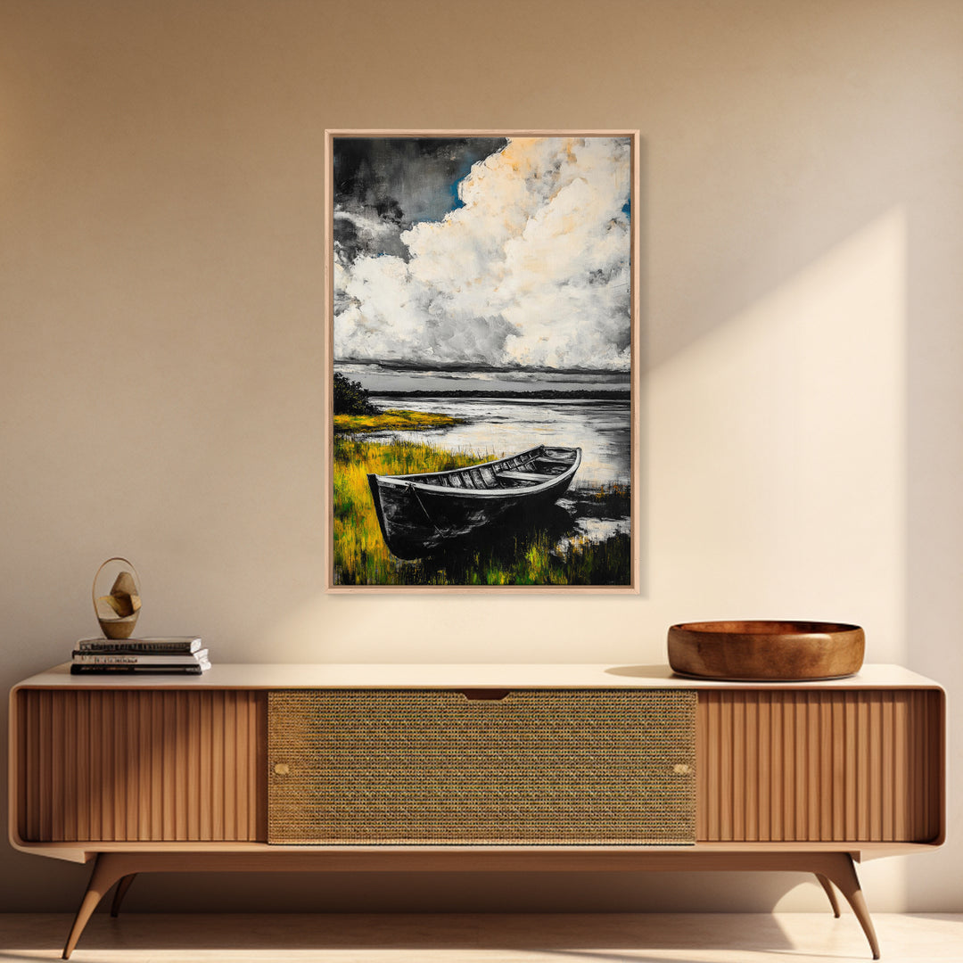 Rowboat Reflection, Rustic Lake Art, Black and White Boat Print, Tranquil Nature Scene, Living Room Wall Decor, Nautical Canvas Print