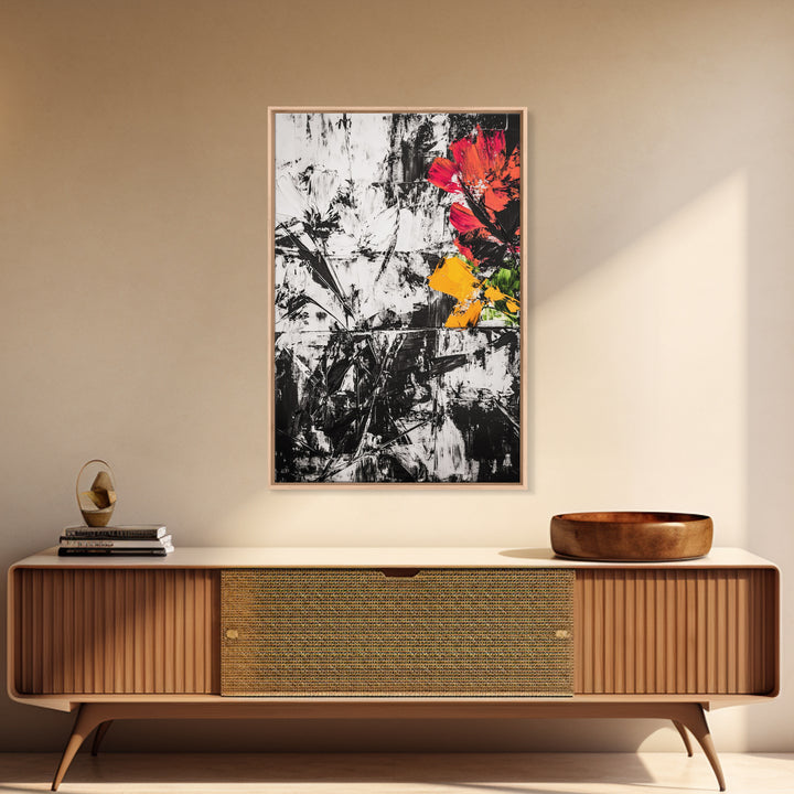Abstract Flowers, Black and White, Red Floral Art, Bold Wall Decor, Modern Art, Framed Canvas Print, Minimalist Living Room Art