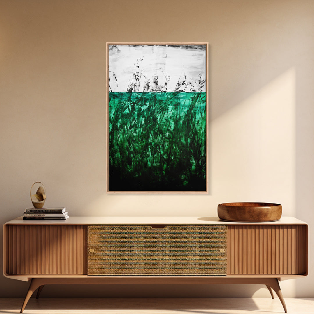 Abstract Grassland, Green Nature Art, Minimalist Botanical Wall Decor, Earthy Modern Print, Framed Canvas Print, Living Room Wall Art