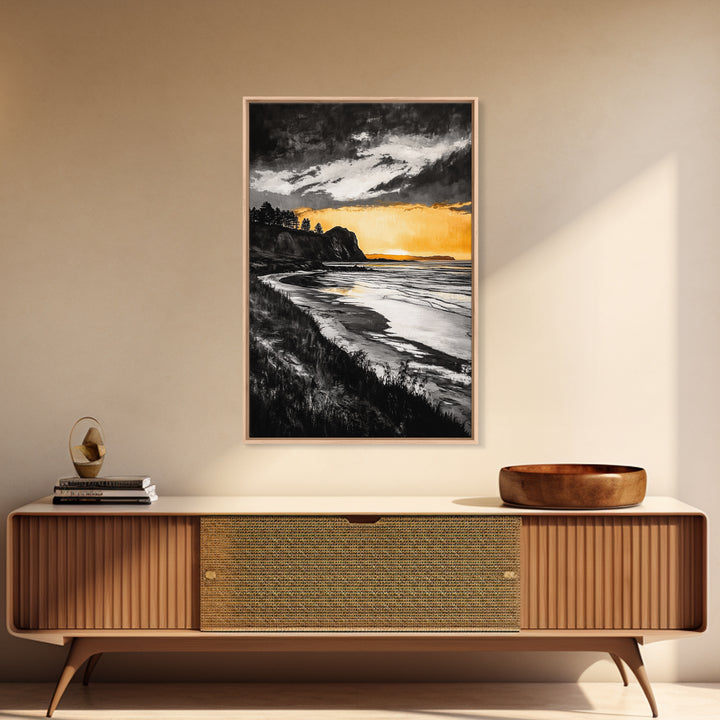 Cliffside Sunset, Golden Sky, Coastal View, Seascape, Framed Canvas Print, Modern Wall Art, Office Decor, Dramatic Landscape
