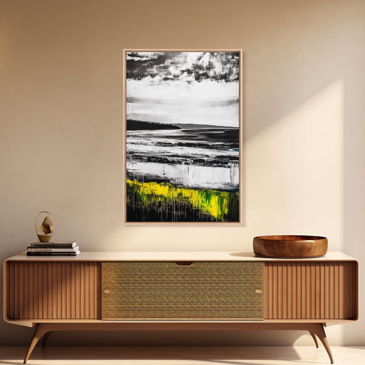 Coastal Shoreline, Misty Landscape, Black and White, Nature Print, Framed Canvas Print, Office Wall Art, Serene Seascape, Minimalist Art