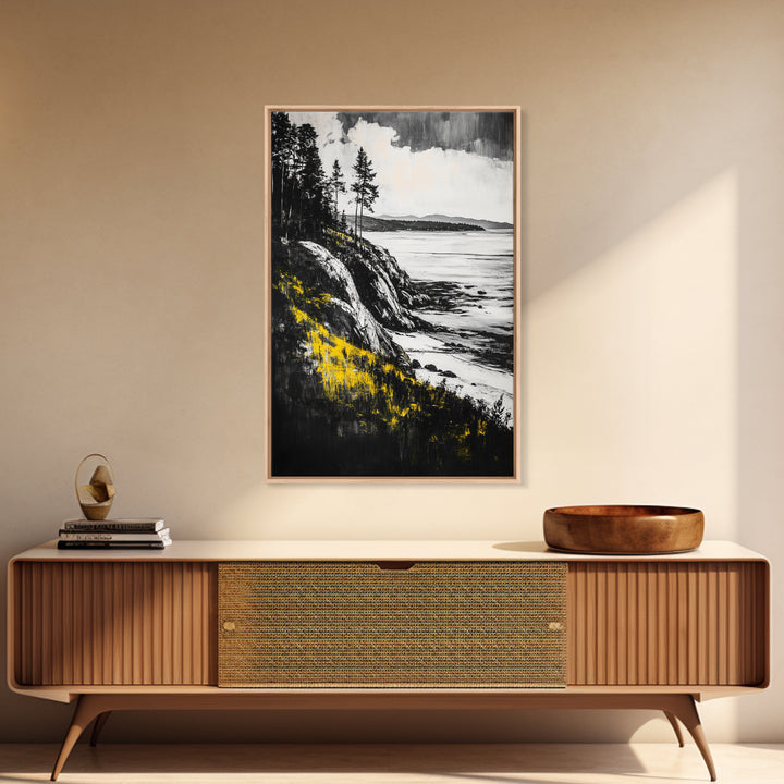 Rocky Coast, Pine Trees, Ocean View, Coastal Landscape, Canvas Print, Cabin Wall Decor, Rustic Home Art, Nature Inspired Painting