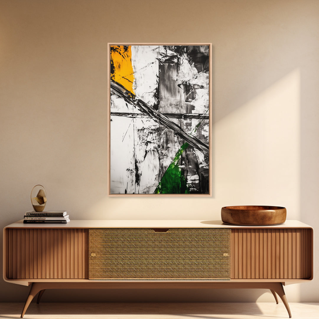Abstract Expression, Modern Art, Black White Green, Framed Canvas Print, Contemporary Wall Art, Office Decor, Minimalist Painting