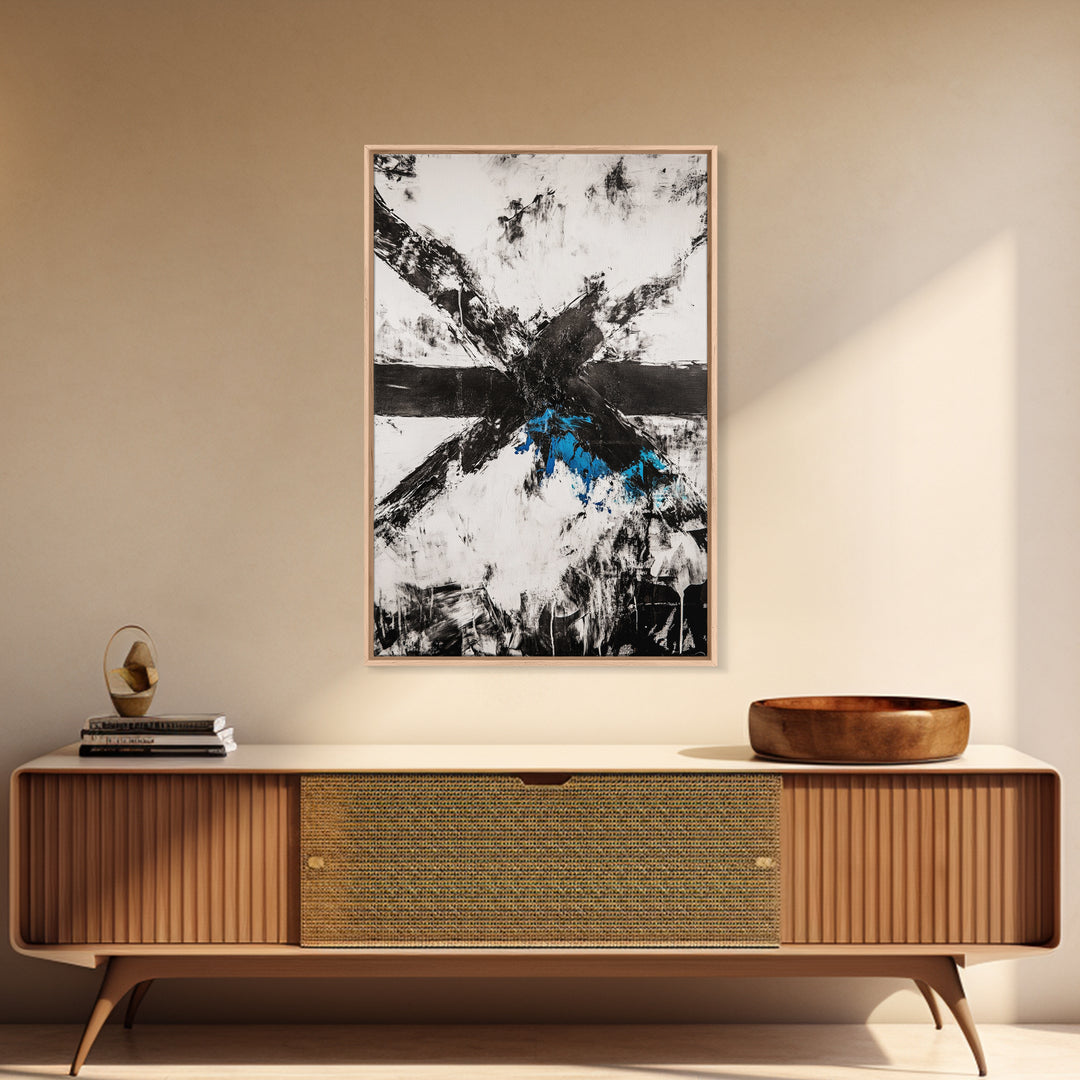 Black White Chaos, Modern Abstract, Bold Brush Strokes, Framed Canvas Print, Office Decor, Industrial Wall Art, Contemporary Art