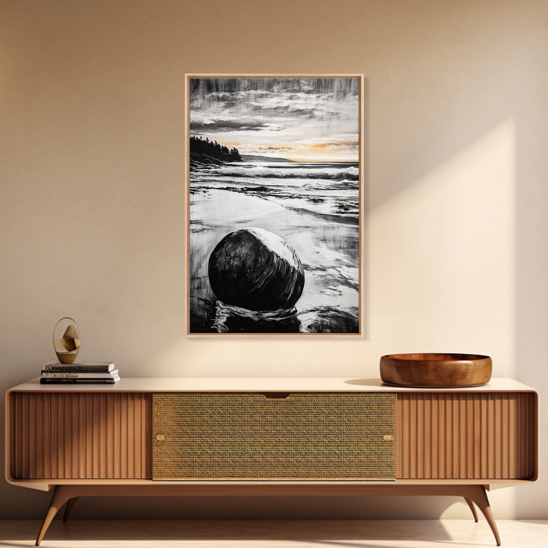Rocky Beach, Sunset Landscape, Black White Gold, Framed Canvas Print, Coastal Wall Art, Nature Painting, Serene Home Decor