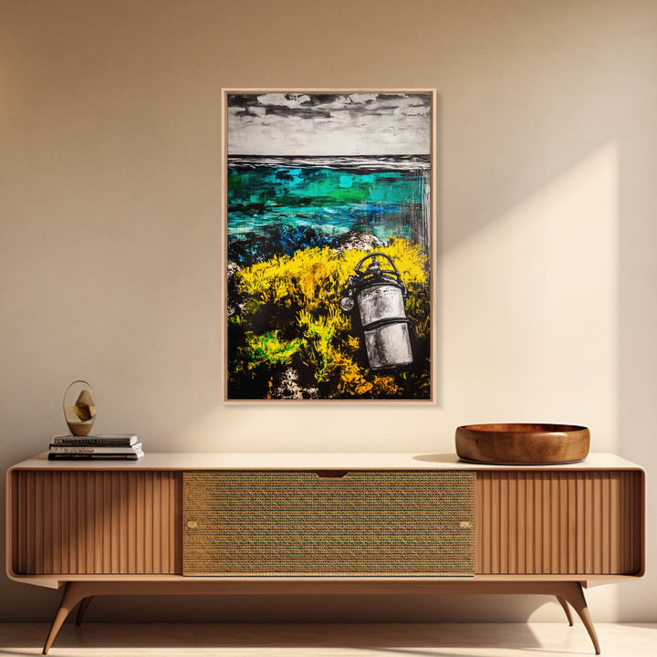 Coastal Lantern, Ocean Shore, Yellow Blue Art, Framed Canvas Print, Nautical Wall Art, Beach House Decor, Rustic Modern Art