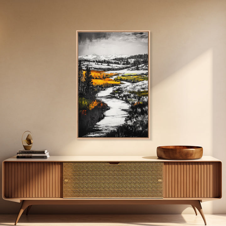 Autumn River, Fall Landscape, Black White Orange, Framed Canvas Print, Nature Wall Art, Cabin Decor, Rustic Home Painting