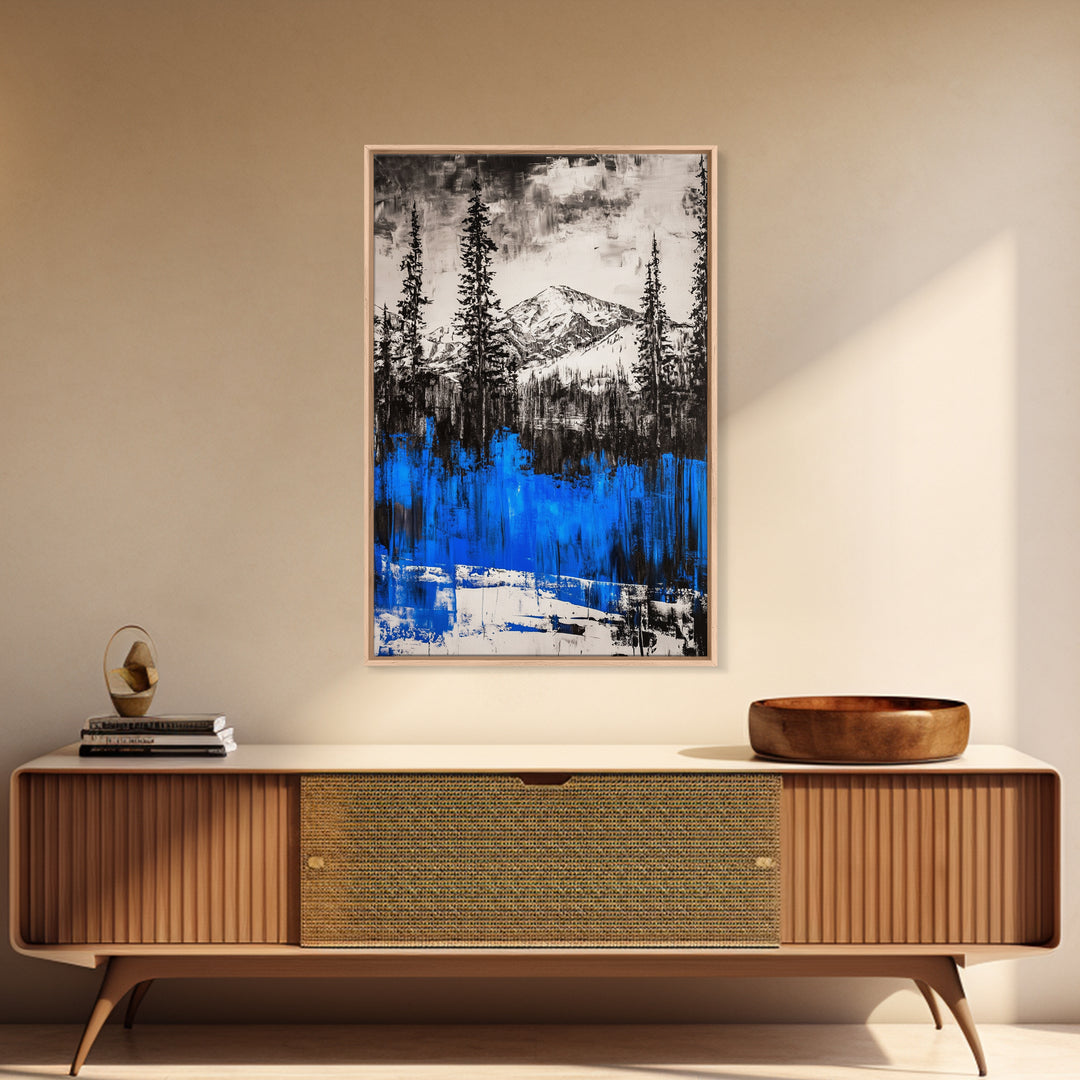 Mountain Wilderness, Winter Landscape, Blue Trees, Framed Canvas Print, Cabin Wall Art, Outdoor Lover Gift, Serene Nature Art