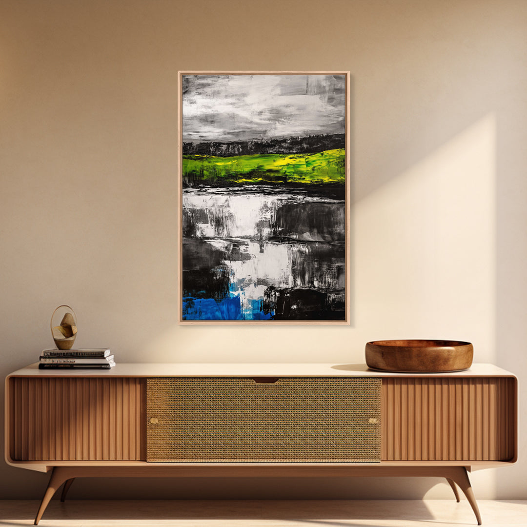 Abstract Landscape, Black White Green, Modern Painting, Framed Canvas Print, Living Room Decor, Minimalist Art, Contemporary Style