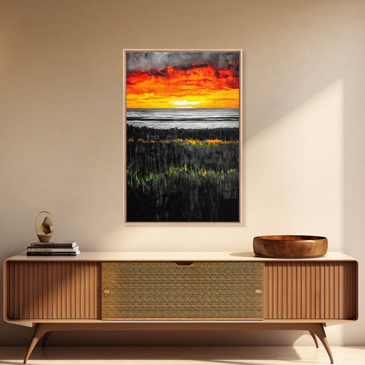 Bold Sunset, Coastal Horizon, Modern Landscape, Framed Canvas Print, Vibrant Seascape Art, Minimalist Beach Decor, Living Room Wall Art