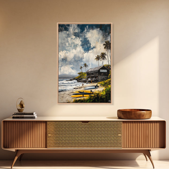 Beach Surf Shack, Tropical Art, Coastal Wall Decor, Nautical Framed Canvas Print, Surfing Gift, Ocean Sunset, Living Room Art
