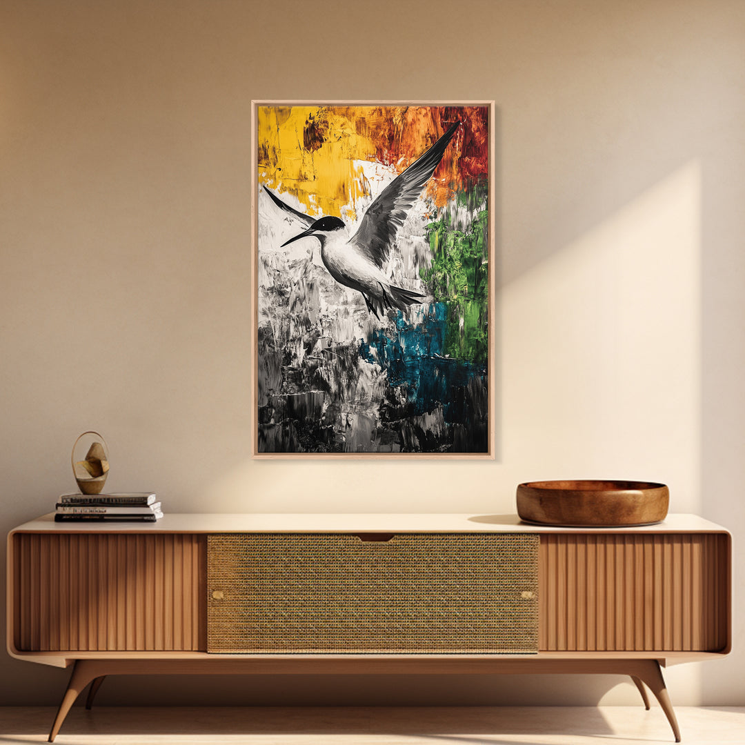 Abstract Bird, Colorful Nature Art, Modern Wildlife Painting, Coastal Framed Canvas Print, Boho Wall Art, Nature Lover Gift, Bedroom Decor