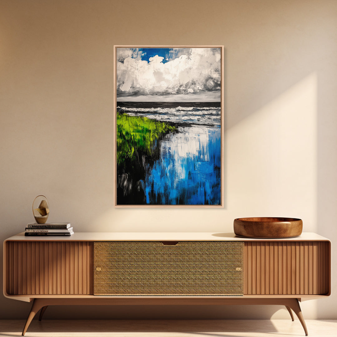 Ocean Reflections, Coastal Wall Art, Blue Abstract Beach Scene, Seascape Framed Canvas Print, Modern Home Decor, Living Room Wall Art