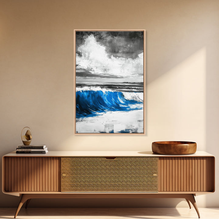 Blue Ocean Wave, Surfing Wall Art, Coastal Beach Print, Nautical Home Decor, Framed Canvas Print, Large Wall Art, Minimalist Seascape