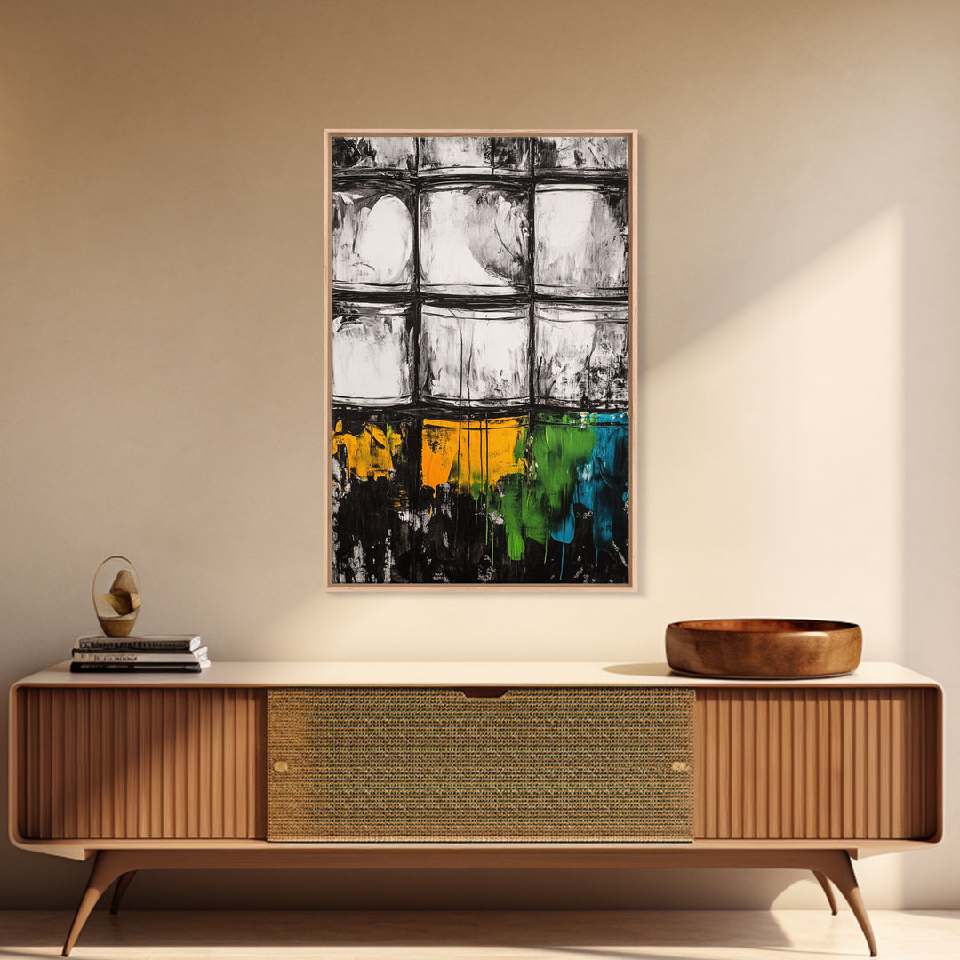 Abstract Windows, Modern Wall Art, Black and White Geometric Print, Industrial Home Decor, Framed Canvas Print, Contemporary Office Art