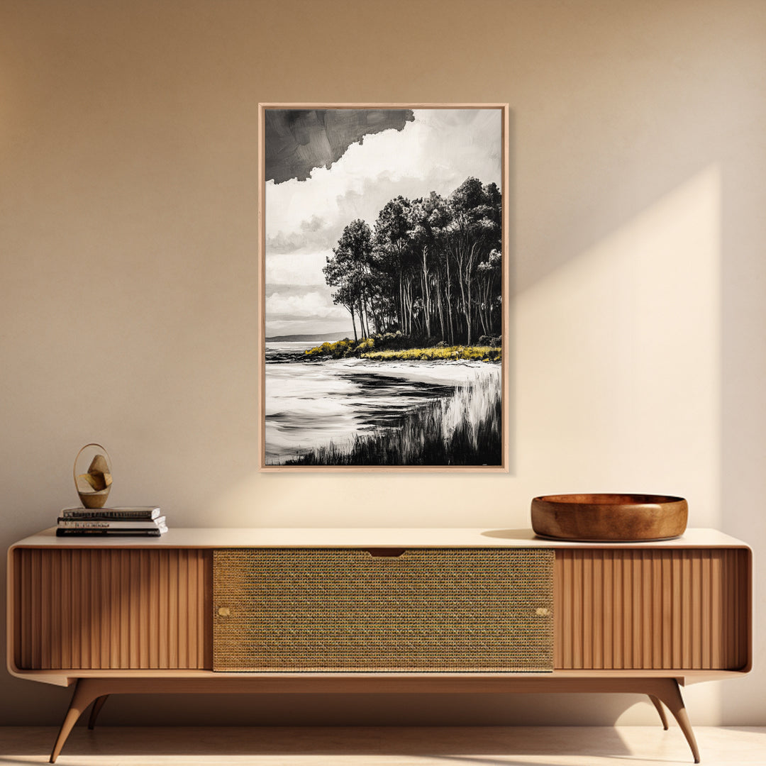 Coastal Trees, Black and White Art, Canvas Print, Modern Landscape, Nature Wall Art, Minimalist Home Decor, Serene Artwork, Ocean Scene