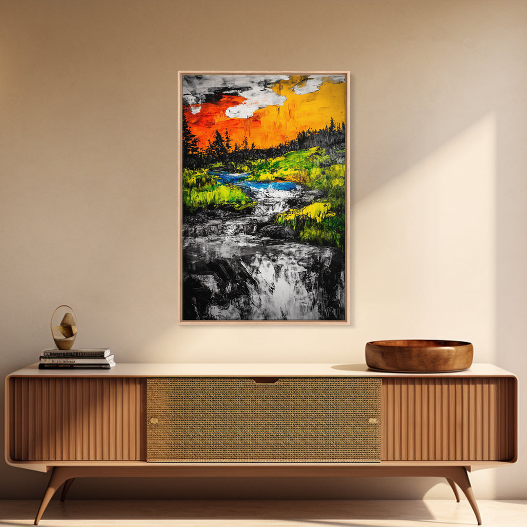 Autumn River, Nature Wall Art, Modern Landscape, Framed Canvas Print, Rustic Home Decor, Office Artwork, Vibrant Sunset Painting
