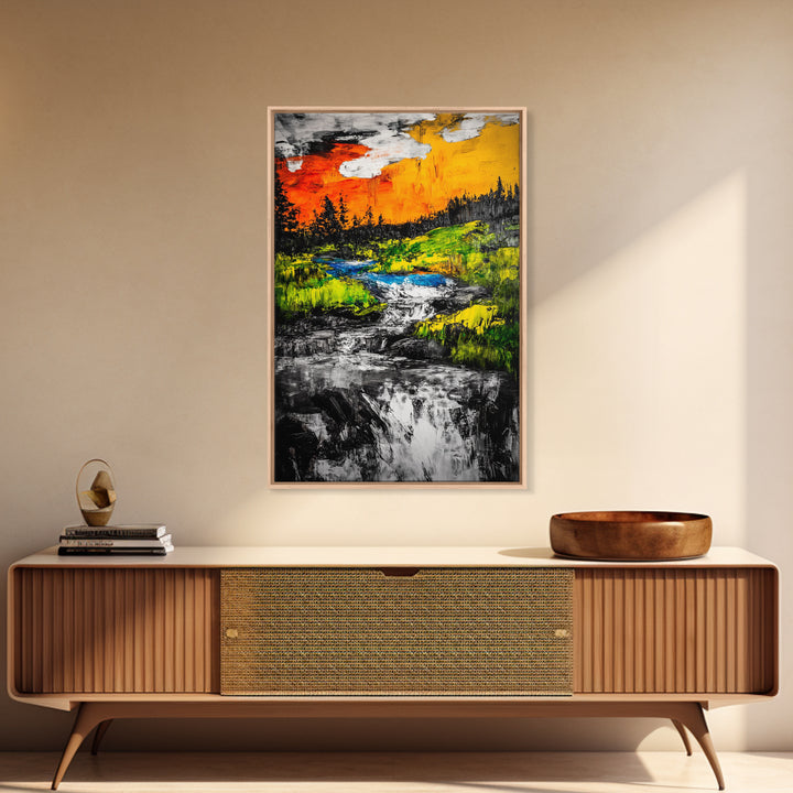 Autumn River, Nature Wall Art, Modern Landscape, Framed Canvas Print, Rustic Home Decor, Office Artwork, Vibrant Sunset Painting