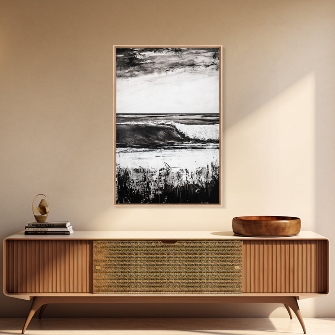 Black White Waves, Ocean Wall Art, Minimalist Coastal, Framed Canvas Print, Beach House Decor, Monochrome Seascape, Surfer Gift
