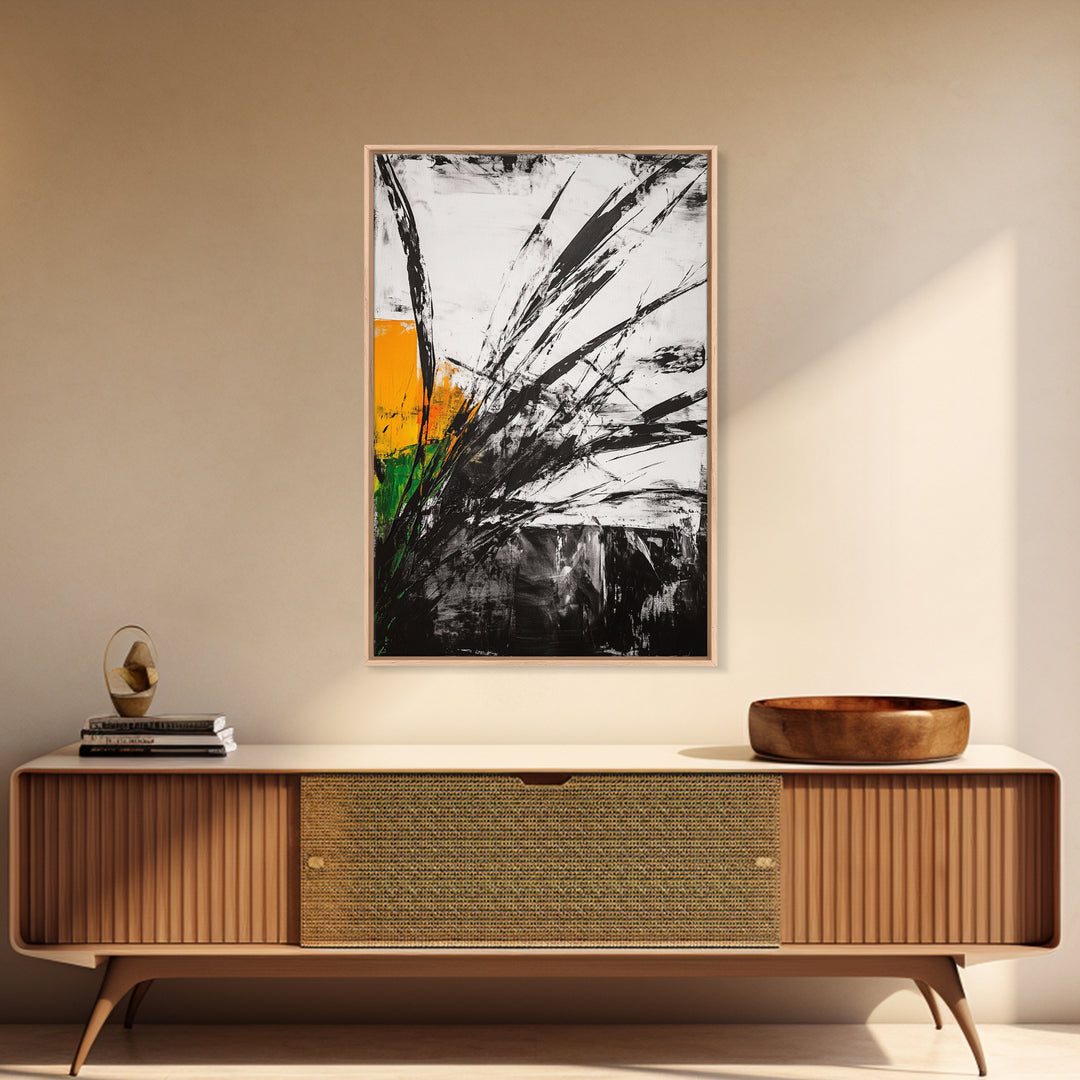 Abstract Grass, Modern Wall Art, Minimalist Home Decor, Framed Canvas Print, Black White Gold, Contemporary Artwork, Bold Design