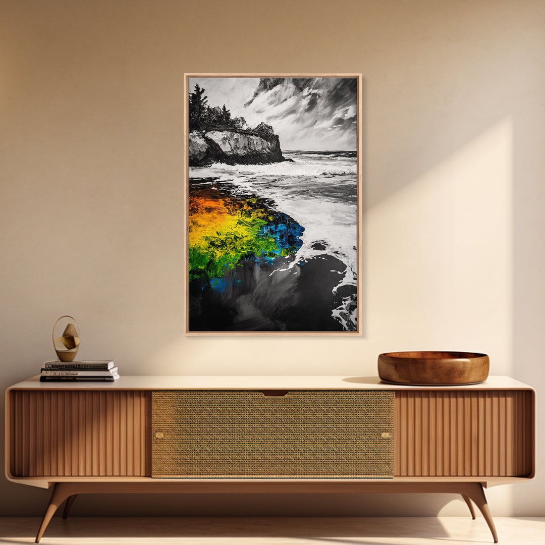 Cliffside Waves, Coastal Wall Art, Ocean Landscape, Framed Canvas Print, Beach House Decor, Monochrome Seascape, Nautical Gift