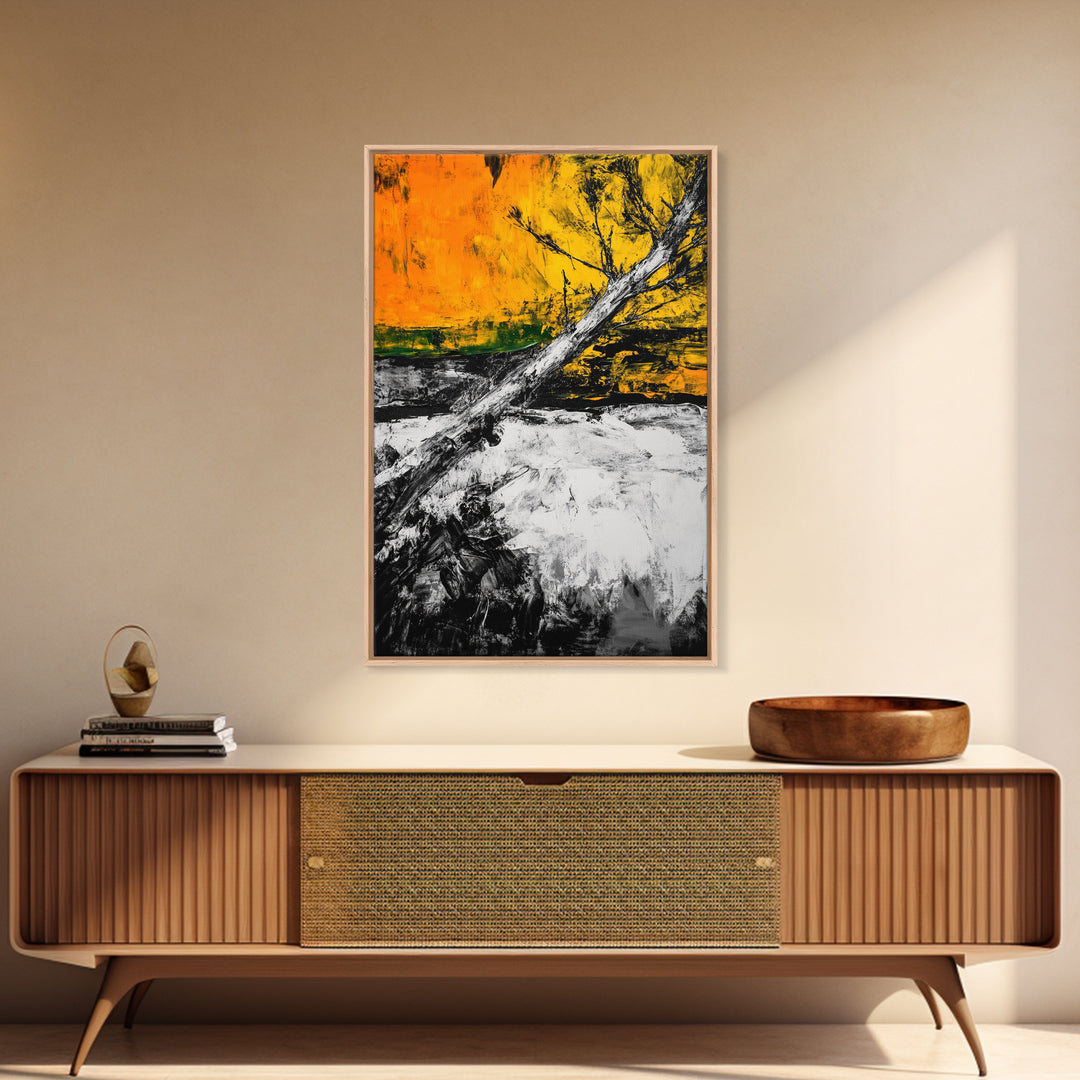 Abstract Tree, Fall Wall Art, Modern Nature Painting, Framed Canvas Print, Rustic Home Decor, Bold Orange Yellow, Unique Artwork