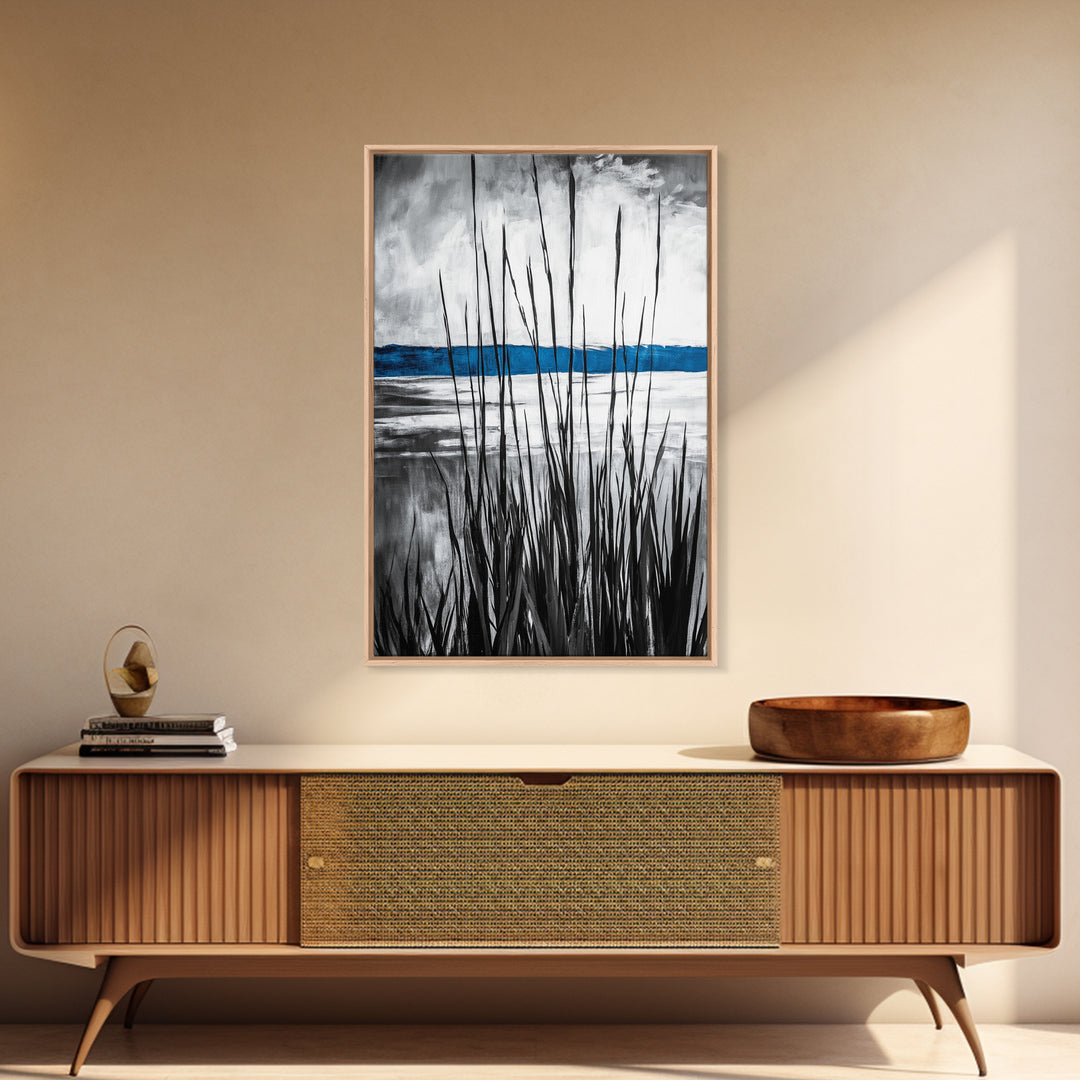 Tall Grass, Serene Lake View, Minimalist Coastal Art, Black White Landscape, Contemporary Home Decor, Canvas Print