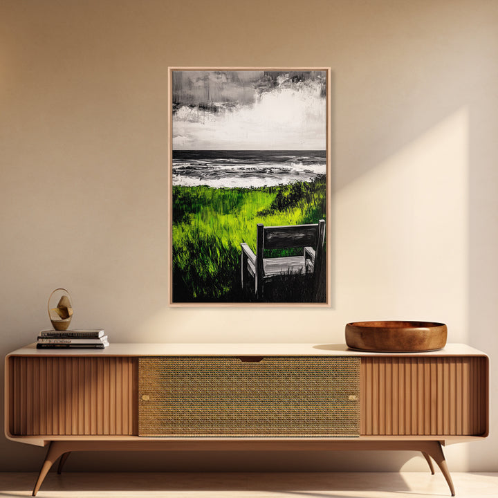 Beach View, Green Grass Landscape, Peaceful Coastal Decor, Seaside Retreat Art, Contemporary Wall Art, Framed Canvas Print