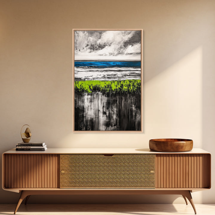 Coastal Horizon, Abstract Ocean, Framed Canvas Print, Beach Wall Art, Nautical Home Decor, Blue and White Art, Modern Living Room Art