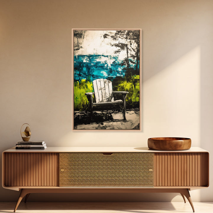 Adirondack Chair, Lakeside View, Framed Canvas Print, Rustic Cabin Decor, Nature Wall Art, Relaxing Retreat Art, Outdoor Artwork