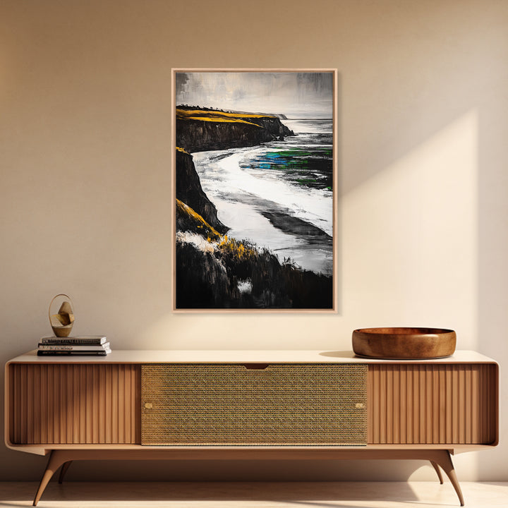 Coastal Cliffs, Ocean Waves, Beach Landscape, Nature Wall Art, Framed Canvas Print, Living Room Decor, Modern Seascape, Blue Tones