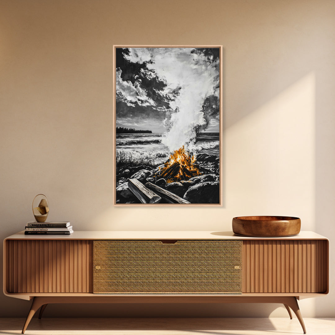 Bonfire on Beach, Coastal Sunset, Framed Canvas Print, Fall Wall Art, Warm Glow Art, Ocean Inspired Decor, Rustic Firelight, Home Accent